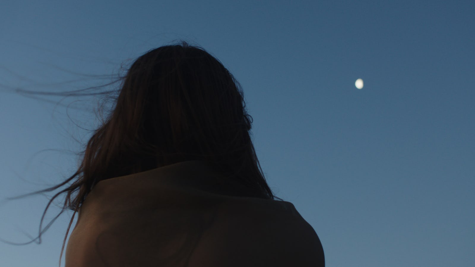 Woman looking at moon night sky with dark hair back view kaü health meditations